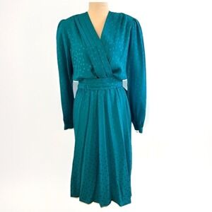 NWT Vintage 80s 100% Silk Argenti PolkaDot Secretary Dress Teal 10P Office Core